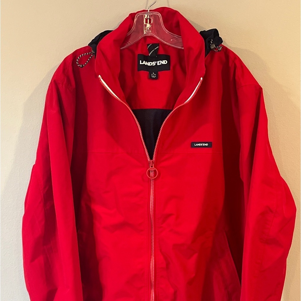 Lands End Jacket Mens Large Full Zip Hood Mesh Liner Water Resistant Windbreaker